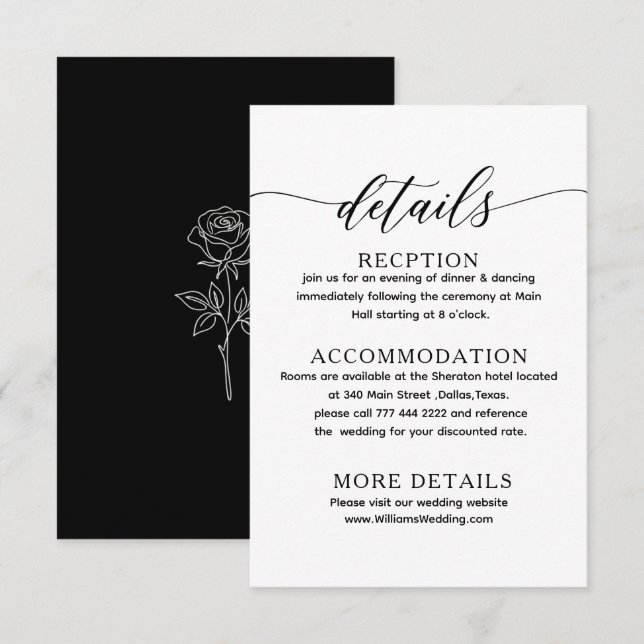 black & white simple classic wedding details card (Front/Back)