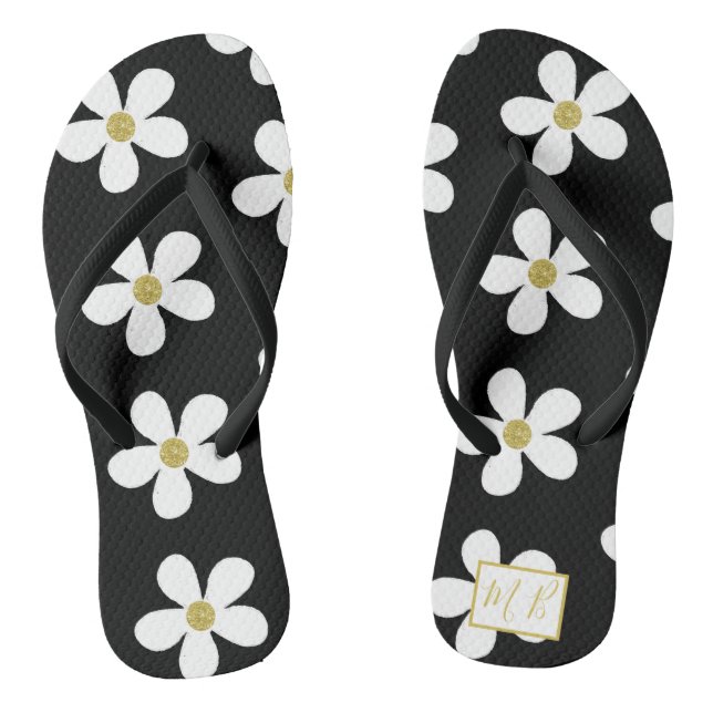 Black White Simple Daisy Gold Monogram Jandals (Footbed)