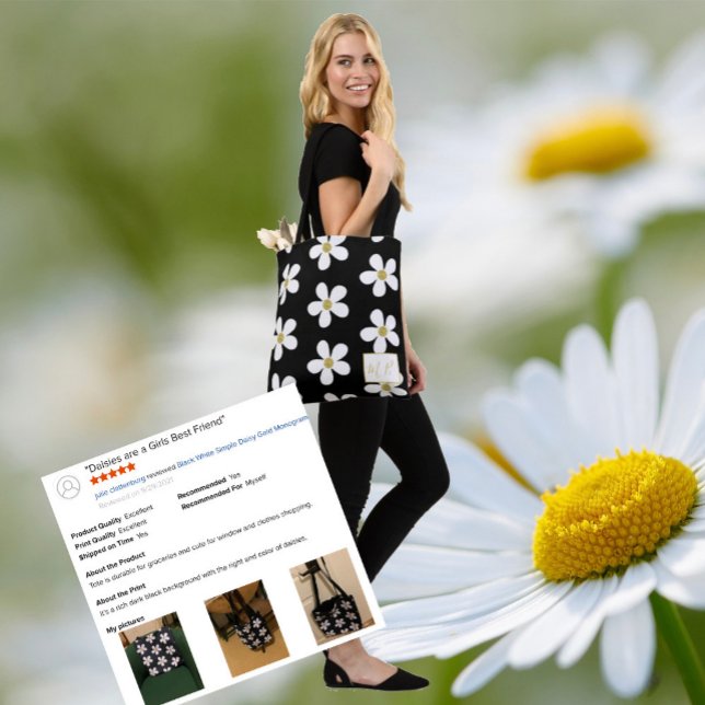 Black White Simple Daisy Gold Monogram Tote Bag (Creator Uploaded)