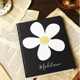 Black White Simple Daisy Gold Personal School Notebook