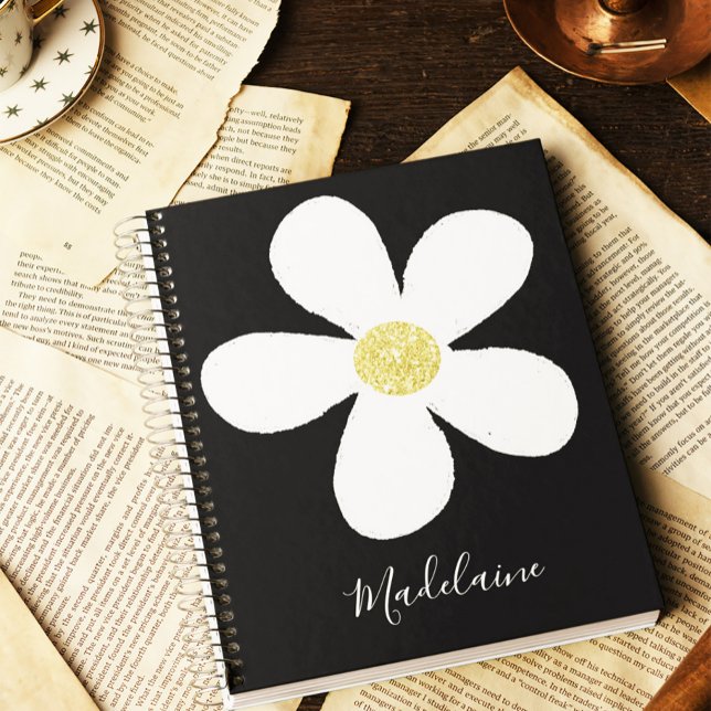 Black White Simple Daisy Gold Personal School Notebook (Creator Uploaded)