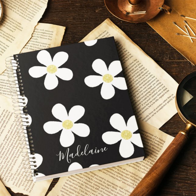 Black White Simple Daisy Pattern Gold  School Notebook (Creator Uploaded)