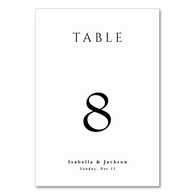 Black & White Simple Elegant Chic Wedding Table Number (Front)