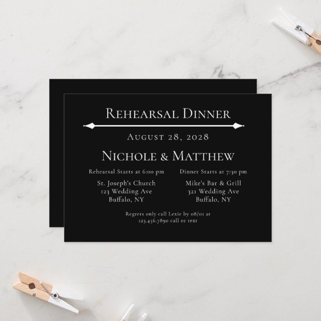 Black & White Simple Elegant Rehearsal Dinner Invitation (Front/Back In Situ)