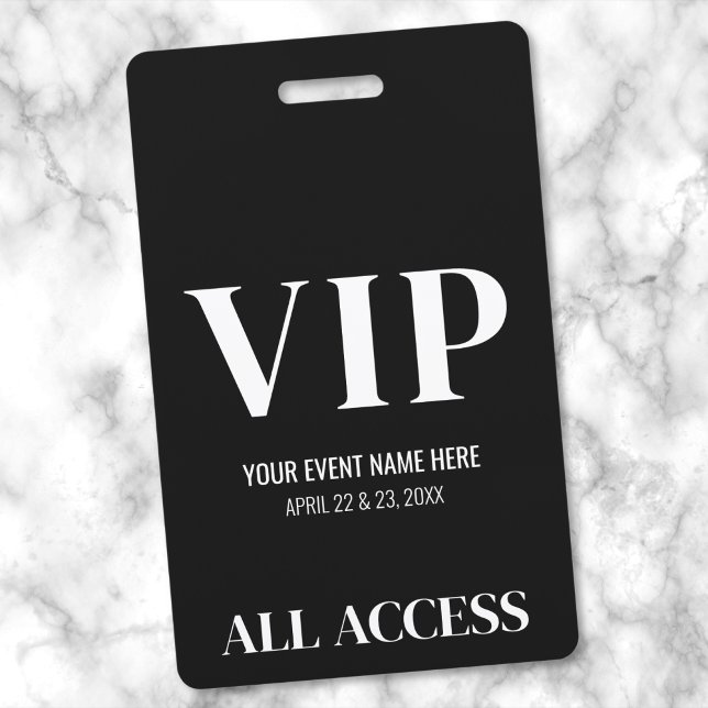 Black White Simple Elegant VIP Event ID Badge (Modern Black White Event VIP Badge)