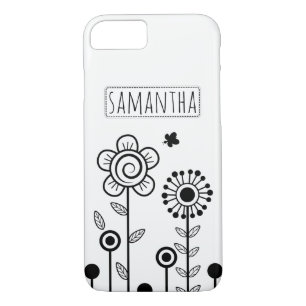 Black, white simple flowers and name floral Case-Mate iPhone case