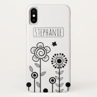 Black, white simple flowers and name floral