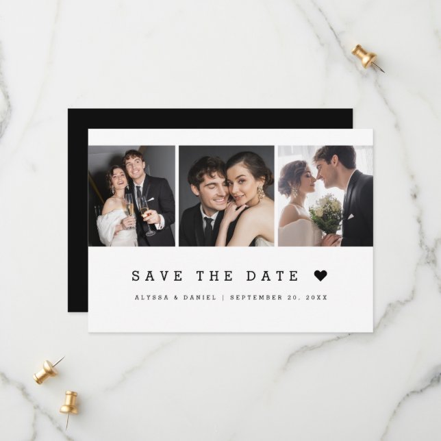 Black White Simple heart Modern 3 Photo Wedding Save The Date (Front/Back In Situ)