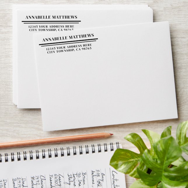 Black White Simple Minimalist Return Address Envelope (Stacked)