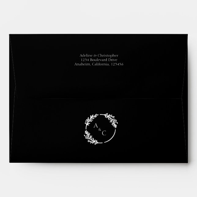 Black White Simple Monogram Leaves Wedding Envelope (Back (Top Flap))