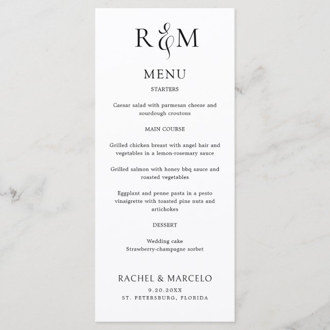 Black White Simple Monogram Wedding Menu (Front)