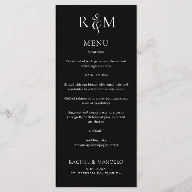 Black White Simple Monogram Wedding Menu (Front)