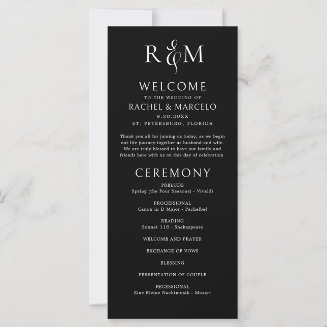Black White Simple Monogram Wedding Program (Front)