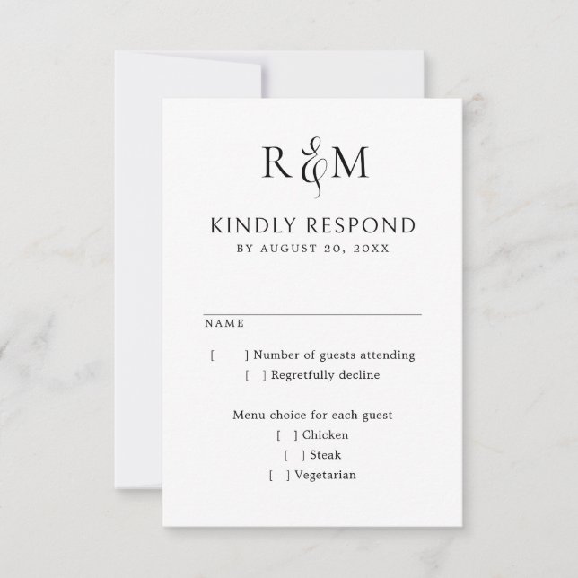 Black White Simple Monogram Wedding RSVP Card (Front)