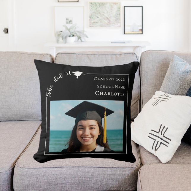 Black white simple photo She did it Graduate Cushion (Creator Uploaded)
