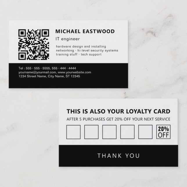 Black White Simple QR Code 2 in 1 Loyalty And Business Card (Front/Back)