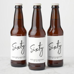 Black & White Sixty Lettering 60th Birthday Party Beer Bottle Label