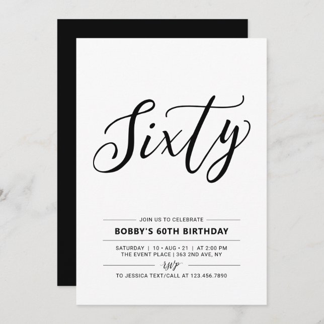 Black & White Sixty Minimal 60th Birthday Party Invitation (Front/Back)