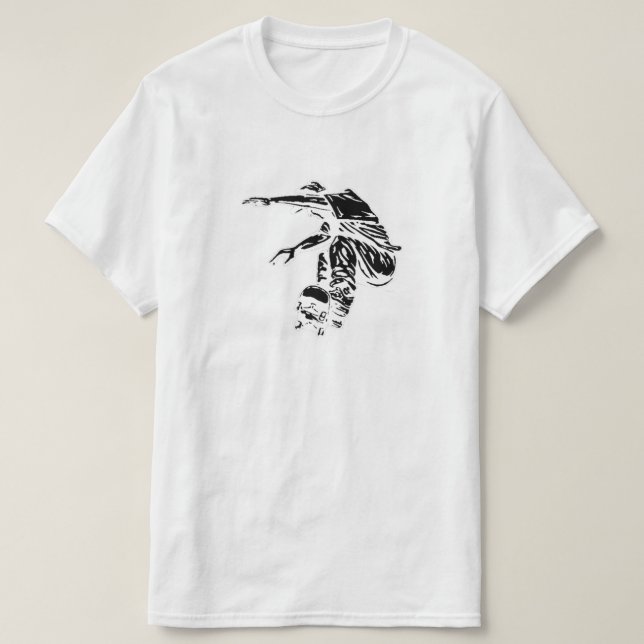 Black & White Skateboarder Illustration T-Shirt (Design Front)