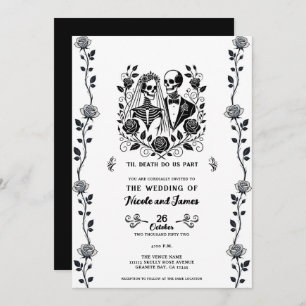 Black White Skeleton Floral Rose Vine Wedding Invitation
