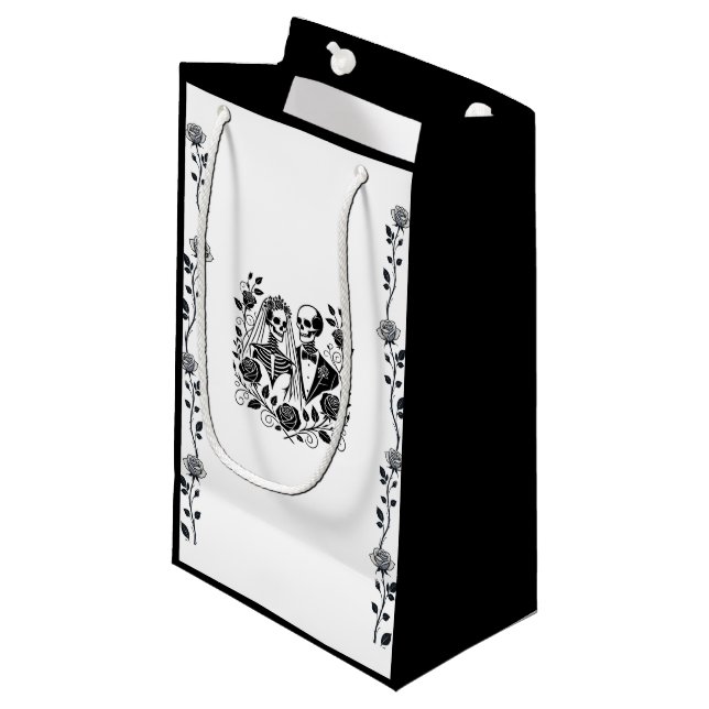 Black White Skeleton Floral Rose Vine Wedding  Small Gift Bag (Front Angled)