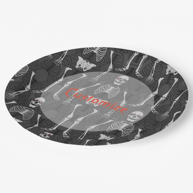 Black & White Skeletons Halloween Paper Plates (Angled)
