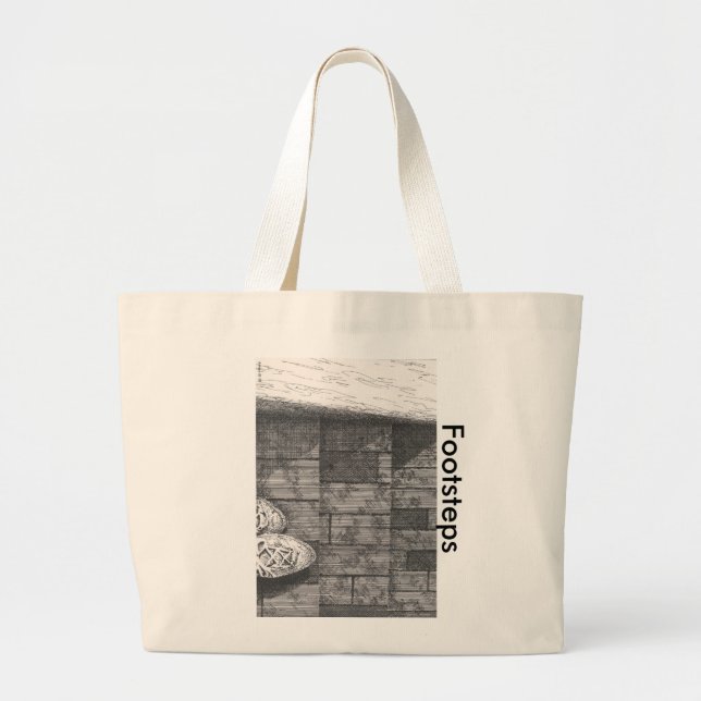 Black & White Sketch Drawing "Footsteps" Large Tote Bag (Front)