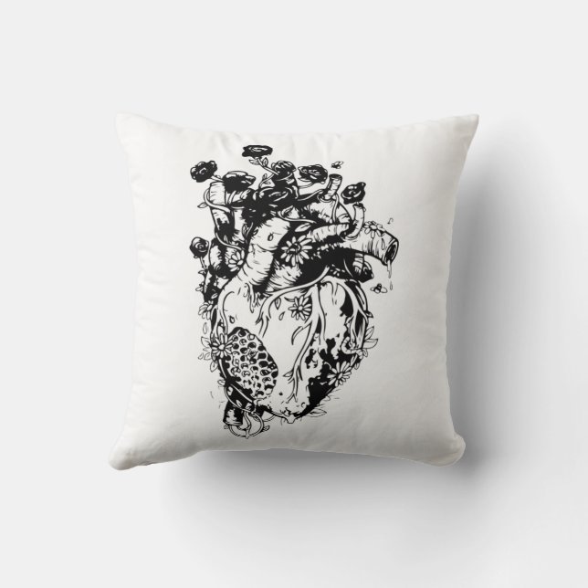 Black & White Sketch Outline Human Heart & Flowers Cushion (Back)