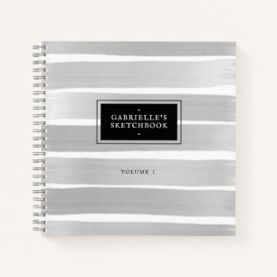 Black White Sketchbook Grey Stripes with Your Name Notebook