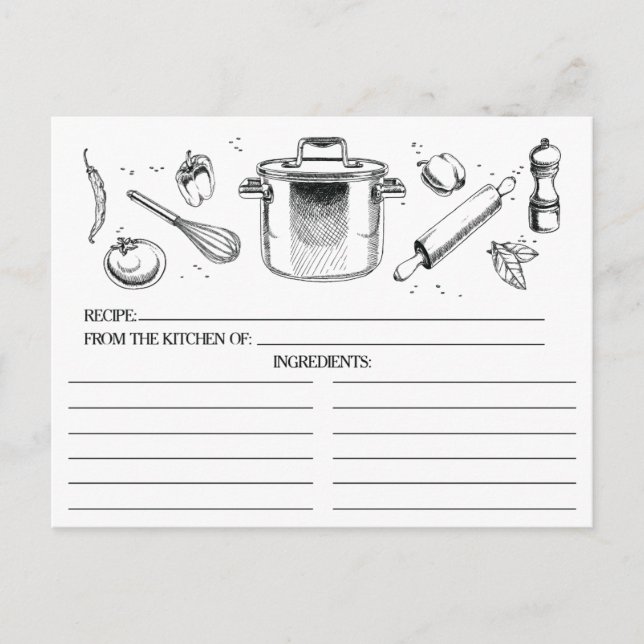 Black White Sketched Kitchen Tools Recipe Cards (Front)