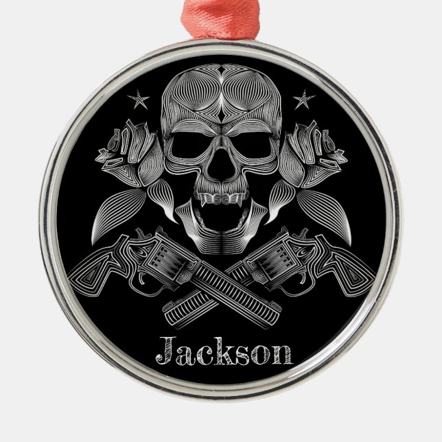 Black & White Skull and Guns Metal Tree Decoration (Front)