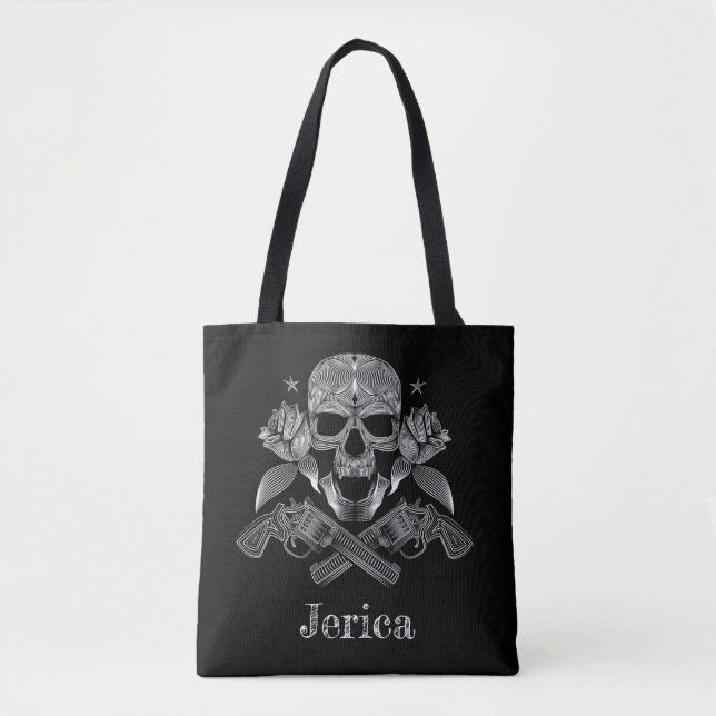 Black & White Skull and Guns Tote Bag (Front)