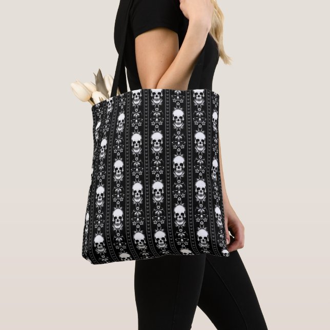 Black & White Skull Stripes Tote Bag (Close Up)