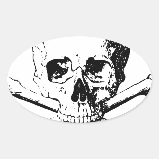 Black & White Skull & the Bones Oval Sticker (Front)