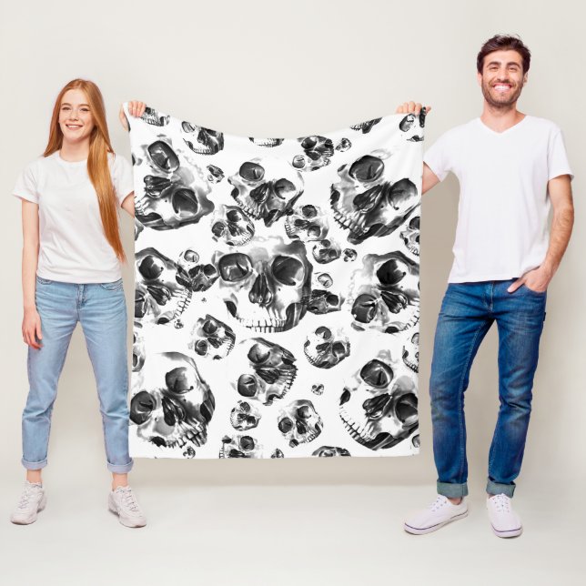 Black & White Skulls Skeleton Skull Art Pattern Fleece Blanket (In Situ)