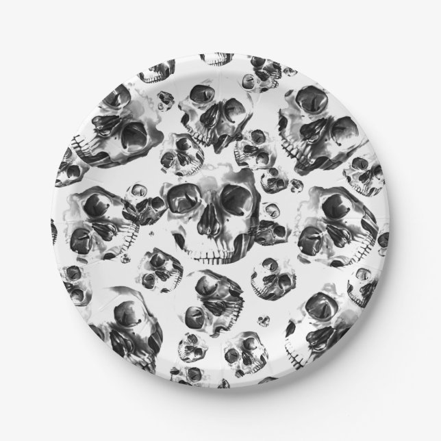 Black & White Skulls Skeleton Skull Art Pattern Paper Plate (Front)
