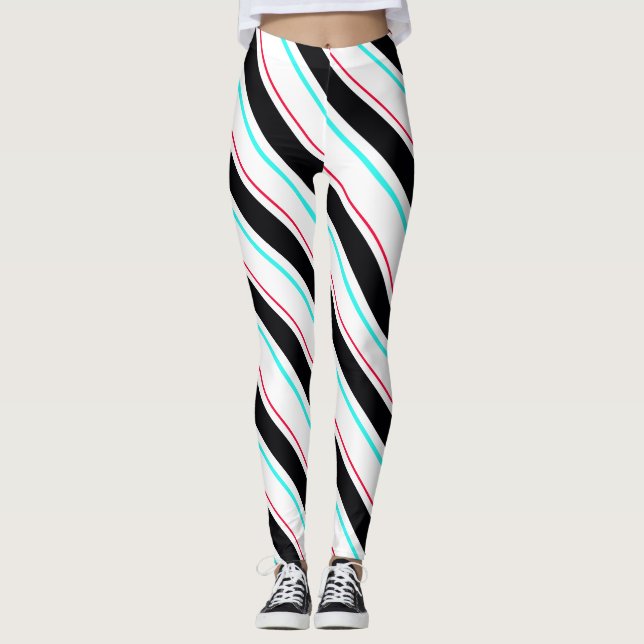 Black White Slanted Regimental Stripe Lines Leggings (Front)
