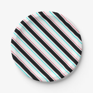 Black White Slanted Regimental Stripe Lines Paper Plate