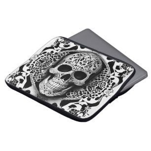 Black & White Smiling Lace Skull Laptop Sleeve