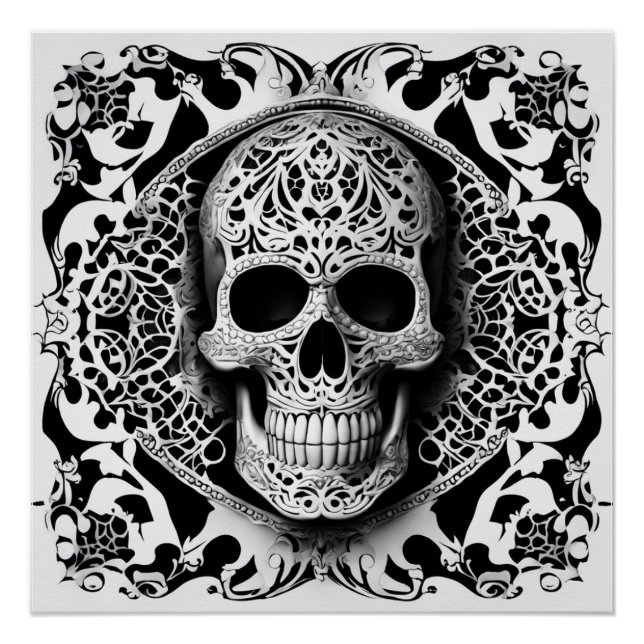 Black & White Smiling Lace Skull Poster (Front)