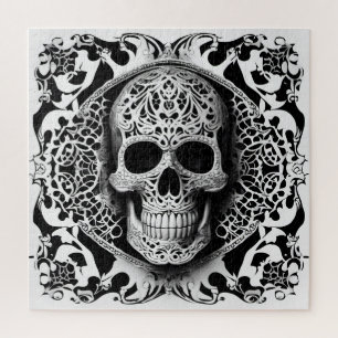 Black & White Smiling Lace Skull Tapestry Jigsaw Puzzle
