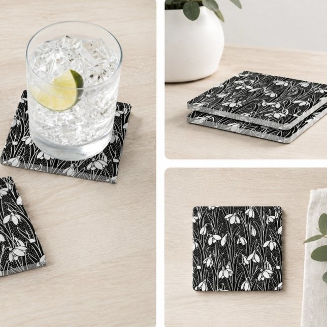 Black & White Snowdrop Pattern  Glass Coaster (Creator Uploaded)
