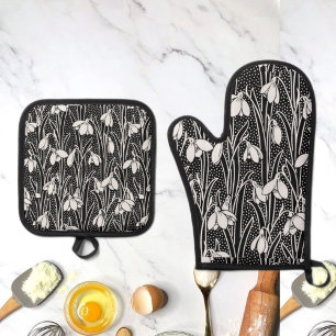Black & White Snowdrop Pattern  Oven Mitt & Pot Holder Set