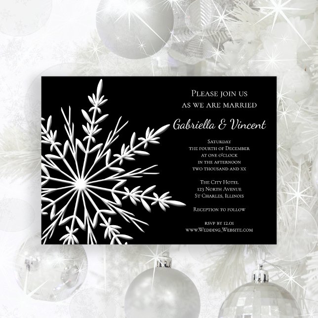 Black White Snowflake Winter Wedding Invitation (Invite guests to your wintery marriage with the Black White Snowflake Winter Wedding Invitation.)