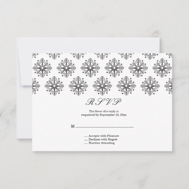 Black + white snowflake winter wedding RSVP card (Front)