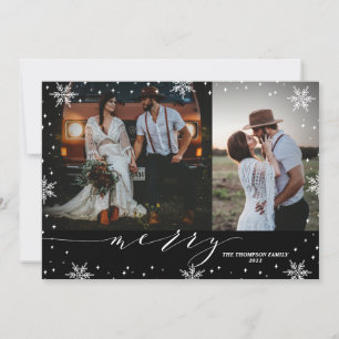 Black & White Snowflakes Merry 2 Photos Christmas Card