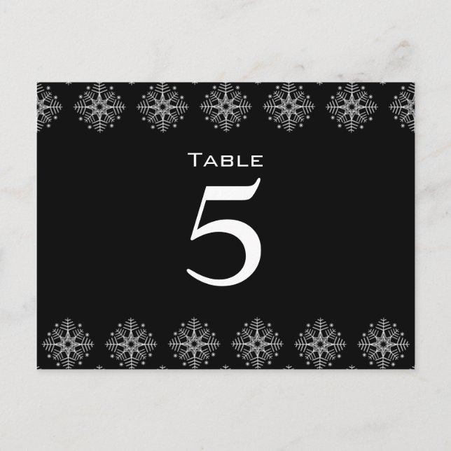 Black + white snowflakes wedding table number postcard (Front)