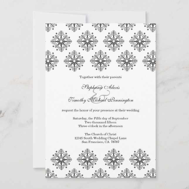 Black + white snowflakes winter wedding invitation (Front)