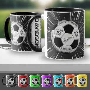 Black White Soccer Ball Custom Age Name Birthday Mug