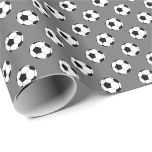 Black/White Soccer Football Balls on Grey Wrapping Paper